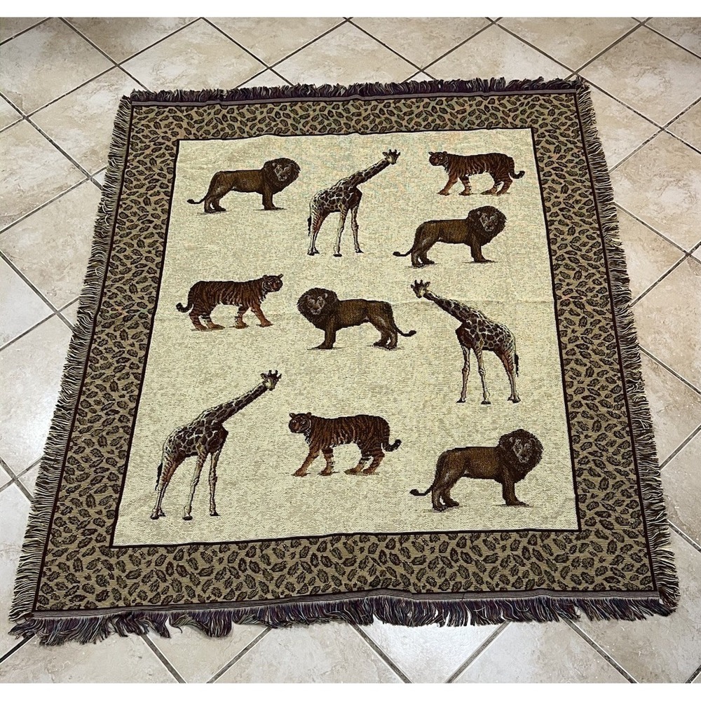 VTG  American Weavers Safari Tapestry Throw Blanket 60" X 52" Woven 2000 NOS